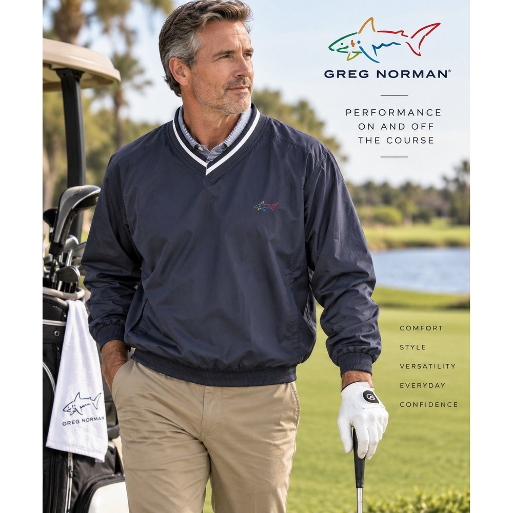 Greg Norman Mens L Navy V-Neck Golf Windshirt Pullover Windbreaker Shark Logo